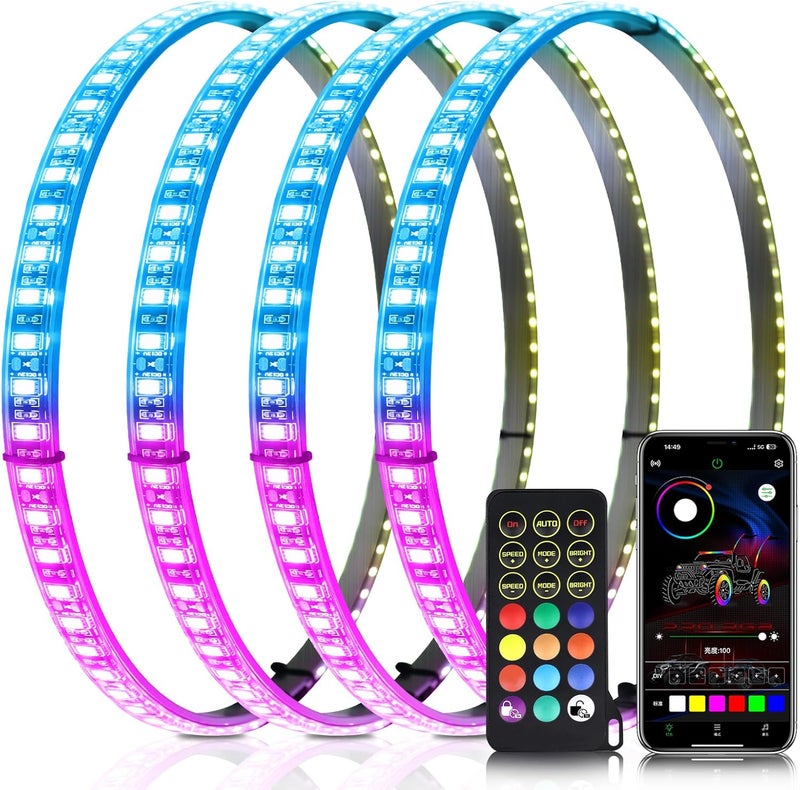 Tavaray 4PCS 15.5" RGB LED Wheel Ring Lights with APP & Remote Control, 178+DIY Dynamic Modes w/Turn Signal Braking and Reverse Function, IP67 Waterproof Wheel Lights for Trucks Pickups Cars Offroad - Image 1